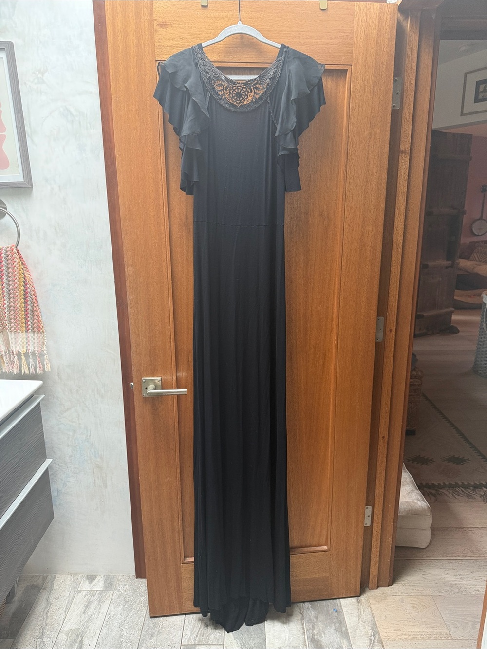 Free People Low Back Black Maxi Dress with Lace Yoke & Ruffle Sleeves